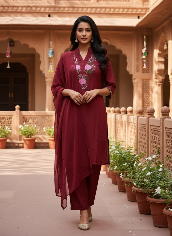 Maroon Floral Embroidered Kurta Pant Set with Dupatta for Women