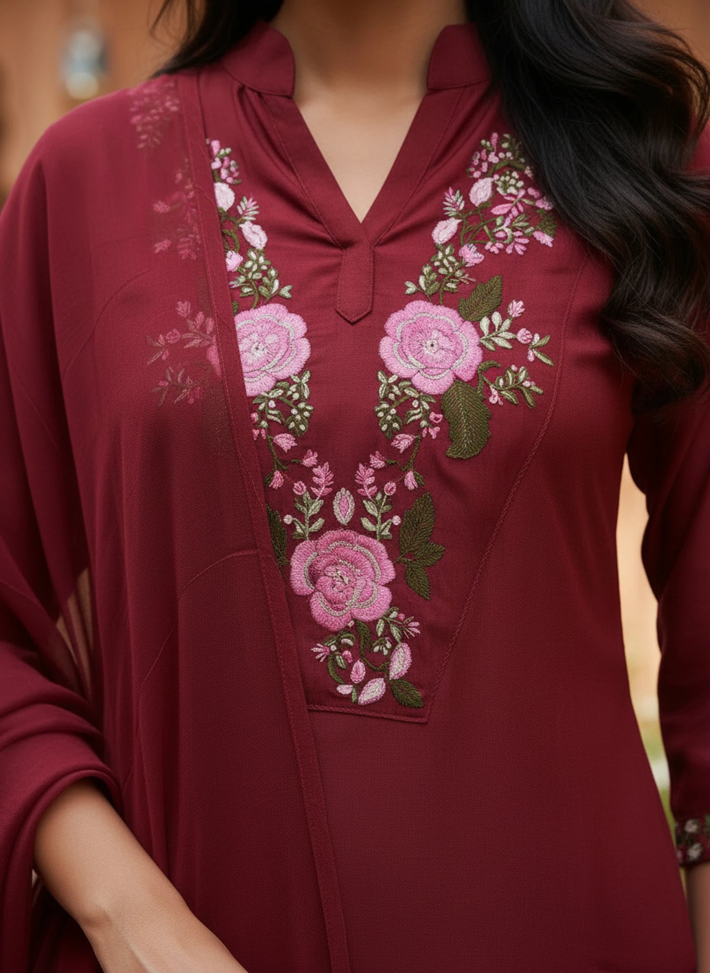 Maroon Floral Embroidered Kurta Pant Set with Dupatta for Women